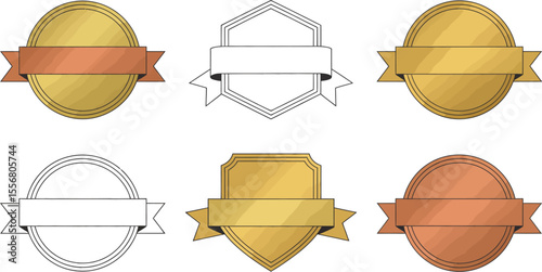Vector badges collection golden silver bronze medals with ribbon banner design graphic elements set vector illustration