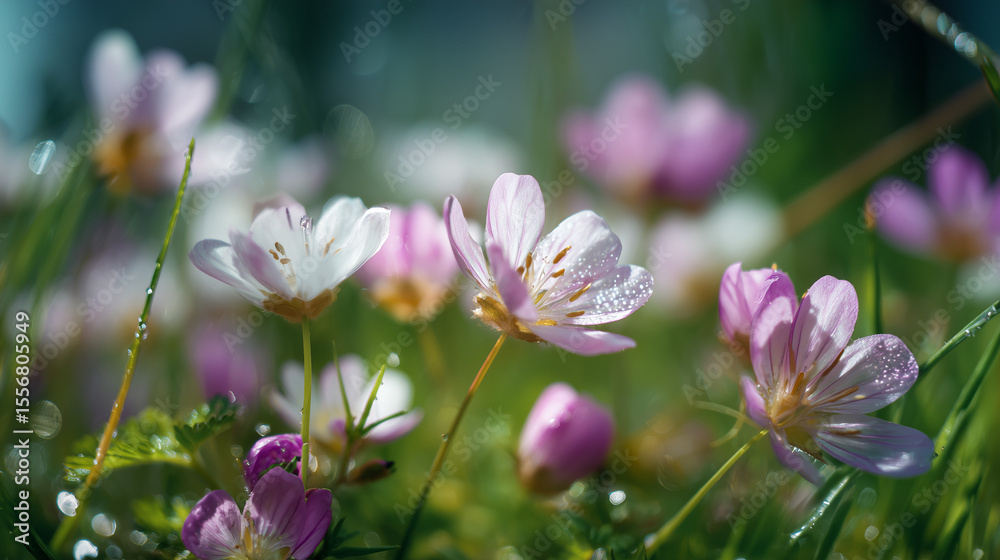 Fototapeta premium Close up view of blooming spring flowers in a meadow, vibrant natural colors, seasonal beauty, fresh petals, floral landscape, perfect for nature, garden, and seasonal concepts.