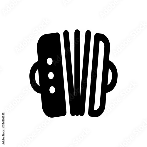 A simple black and white illustration of an accordion with bellows and buttons on the left side panel