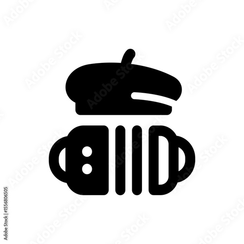 A black and white icon depicting an accordion with a beret on top representing french musical culture