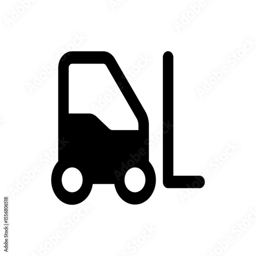 A simple black and white icon depicting a forklift truck with visible forks and operator compartment design