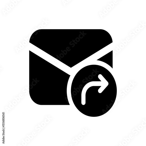 A black and white illustration of an email envelope with a forward arrow icon on the bottom right side