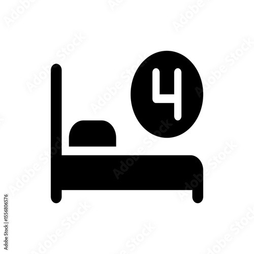 A black and white graphic icon depicting a bed with a pillow and the number four superimposed on the image