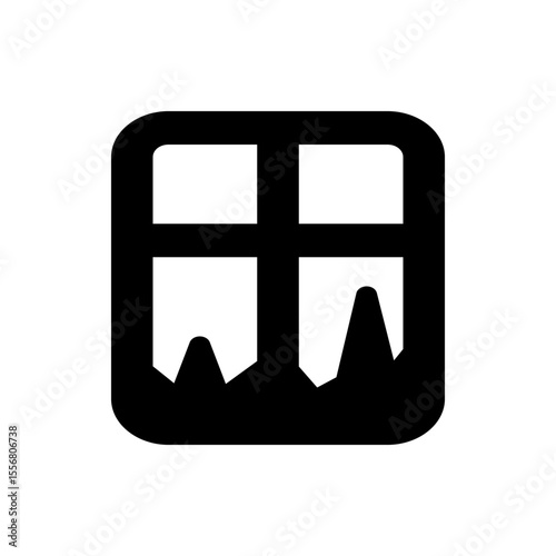 A simple black and white icon depicting a window with an abstract landscape visible through the glass pane
