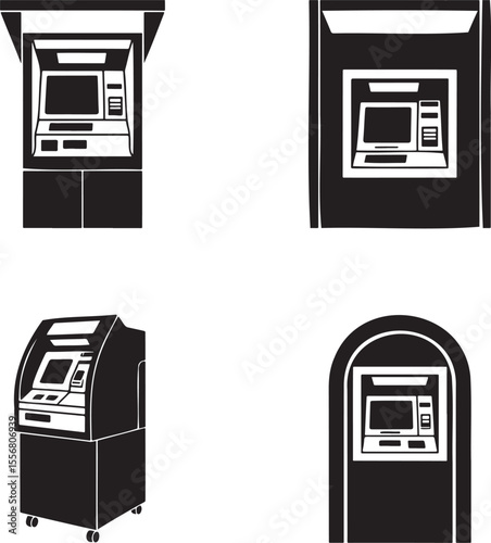 ATM Machin silhouette set vector illustration isolated On Transparent Background