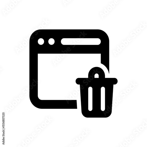 Black and white icon of a browser window with three dots and a trash can in the lower right corner