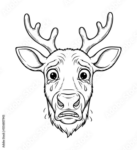Anxious Reindeer Face Line Art