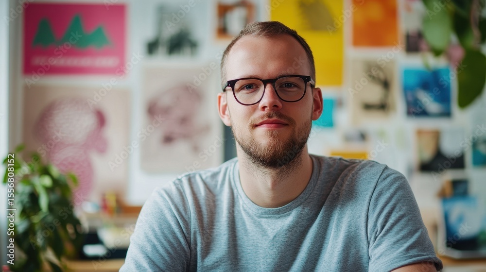Fototapeta premium A young European male graphic designer in a casual setting. He is smiling while seated in a creative workspace filled with design inspiration.