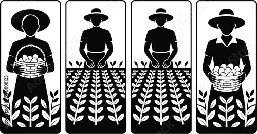 Four panels of farmers working in fields and holding baskets of eggs