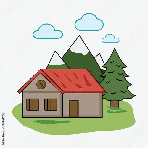 Charming Mountain Cabin Illustration Cozy Home in Nature Scene