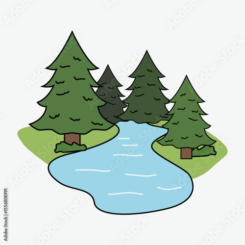 Serene Forest River Scene Illustrated Landscape of Evergreen Trees and Calm Water