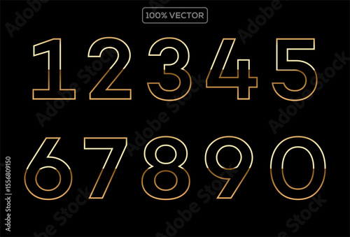 Gold numbers with endings made of golden ribbons isolated on transparent background. Vector decorative