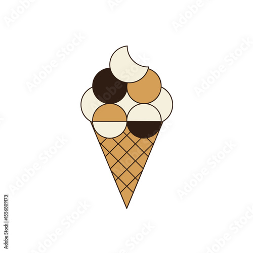 Ice cream cone with three scoops in chocolate, vanilla, and strawberry  