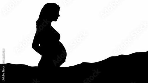 Silhouette of a pregnant woman standing in water with a white background and black ground area shown