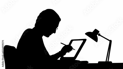 Silhouette of person drawing on tablet with stylus under desk lamp on white background illustration