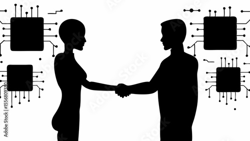 Silhouettes of man and woman shaking hands with computer chips around them in black and white art