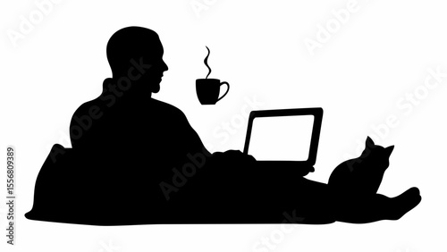 Silhouette of person with laptop and cat, accompanied by a steaming cup of coffee in monochrome style