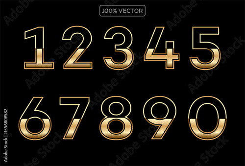 Gold numbers with endings made of golden ribbons isolated on transparent background. Vector decorative illustration