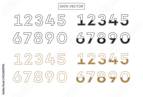 Flat colors numbers with endings made of golden ribbons isolated on transparent background. Vector decorative illustration