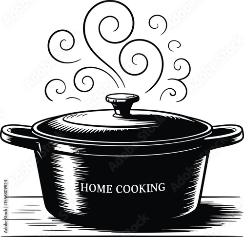 Illustration of a black cooking pot with steam and home cooking text