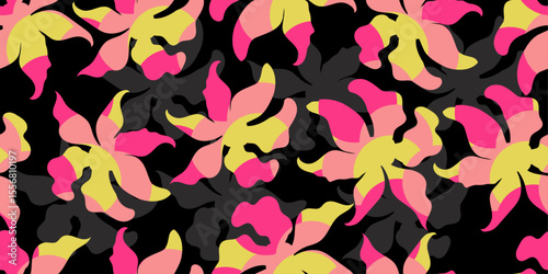 Trendy exotic abstract pink flowers seamless pattern. Floral background for textile, wallpaper, banner, covers, surface, printing and home decor. Flower vector illustration