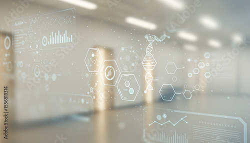 Blurred empty room interior with digital overlay of graphs and data visualizations. Ideal for science-driven branding, medical data platforms, or biotech visuals showing