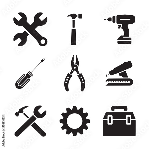 Assorted black silhouette icons of hand tools and construction equipment vector illustration on white background