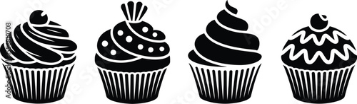 Four cupcakes with different toppings in a row black and white vector
