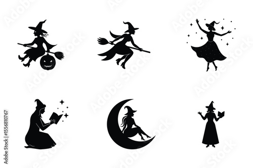 Set of silhouette witch, Witch Silhouette on white background. Halloween concept
