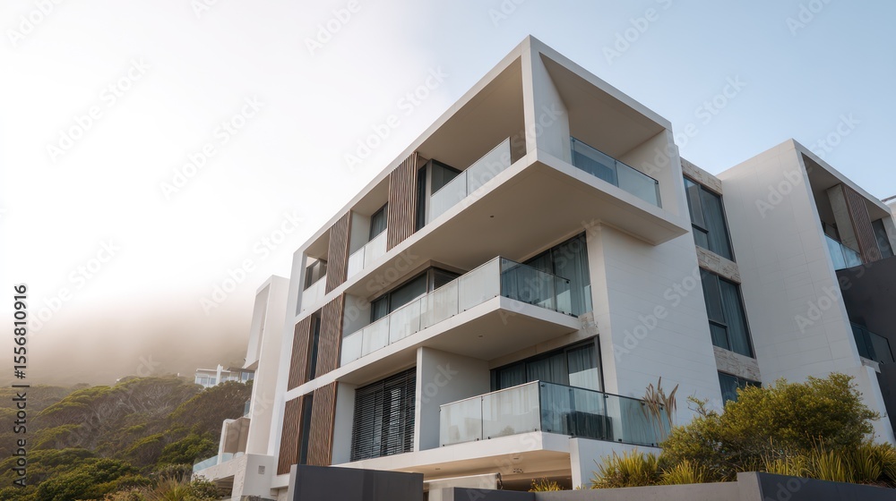 Fototapeta premium A contemporary coastal mansion with white ceramic wall textures cantilevered balconies shot with soft morning sunlight subtle atmospheric