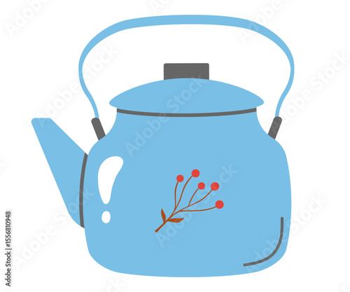  blue teapot with red berries, perfect for tea related designs, autumn or cozy kitchen themes.