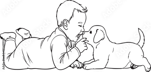 Baby and puppy line art illustration on white background