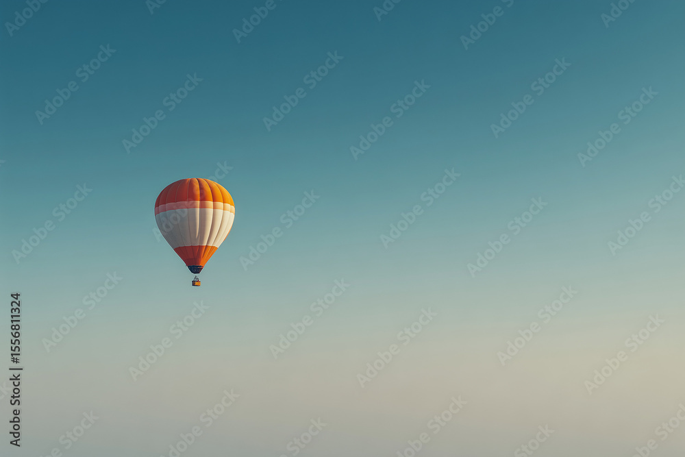 Naklejka premium Minimalistic photo of a single hot air balloon far in the sky, vast gradient sky background