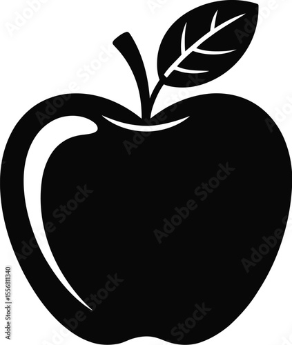 A black and white illustration of a single apple with a leaf icon