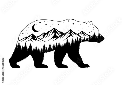 Black and white bear silhouette with forest, mountain, and night sky double exposure style vector