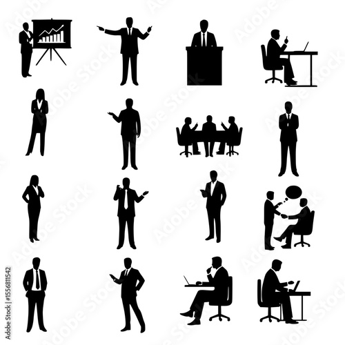 "Black and white transparent vector silhouettes of business professionals in leadership, presentation, and communication postures in formal workplace settings"