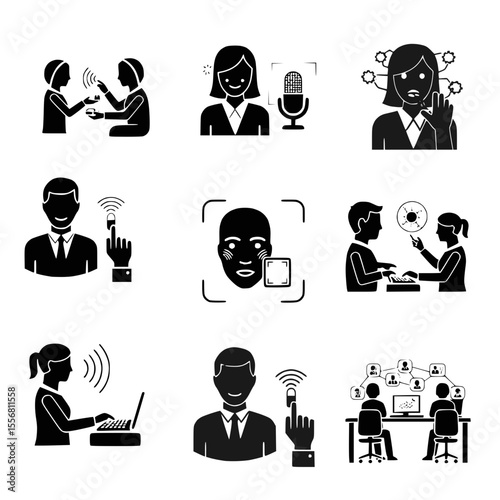 "Black and white transparent SVG vector set of humans interacting with artificial intelligence, robots, and digital assistants in futuristic minimal silhouettes"