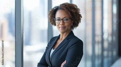 Free Download A confident middle-aged Black woman in a business suit poses in a modern office with a stylish backdrop, showcasing leadership and professionalism. - GFXLoad