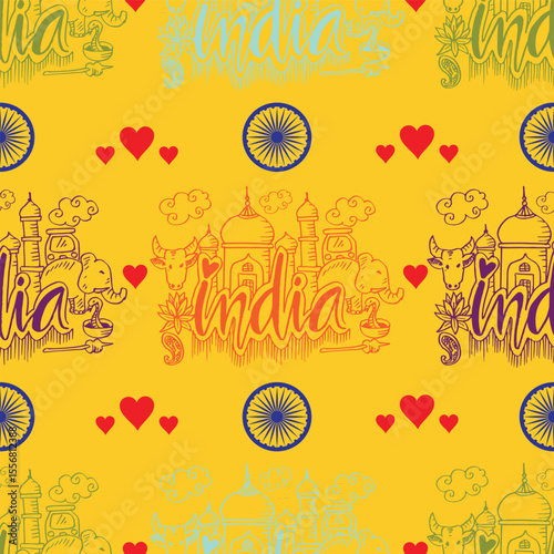 Seamless pattern with hand drawn doodle india travel illustration.