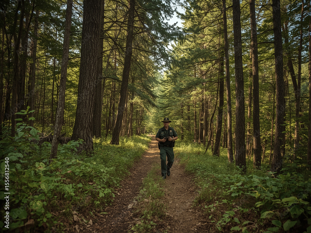 Fototapeta premium Dedicated Forest Ranger Patrolling Healthy Forest Trail