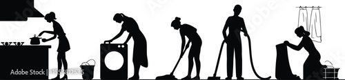 Silhouettes of people doing household chores on a light background