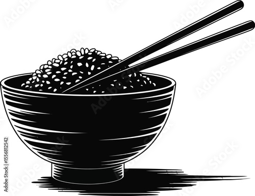 Illustration of a bowl filled with rice and chopsticks on a surface