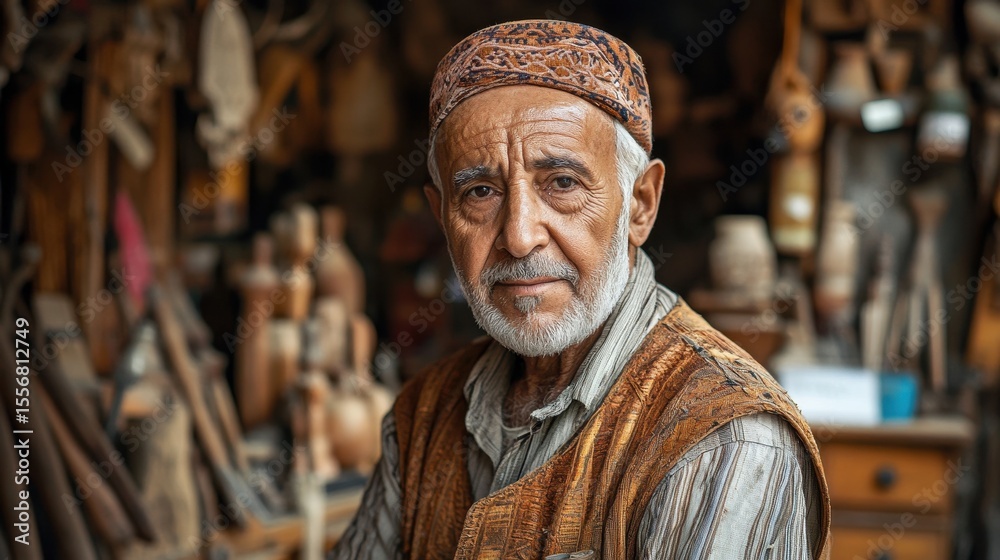 Naklejka premium A close-up portrait of an elderly Middle Eastern man showcasing his skilled artisan work amidst a rustic workshop filled with traditional tools and craft items.