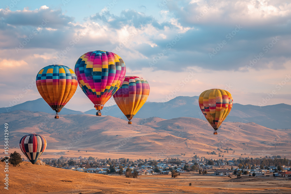 Naklejka premium Group of hot air balloons during a sunrise festival, colorful scene with rolling hills and empty sky