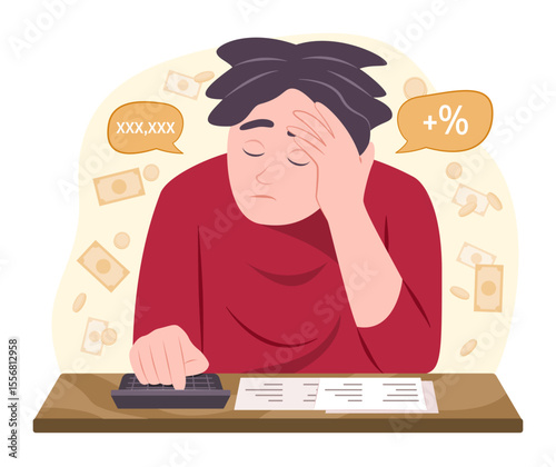 Worried Young Man Stress Out with Debt for Financial and Bankruptcy Concept Illustration