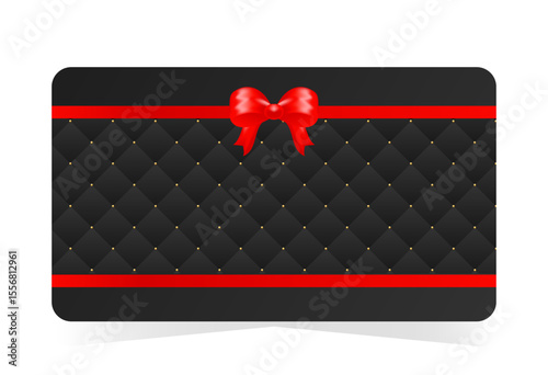 Gift card design with black quilted background with subtle gold accents and red satin bow and ribbon. Vector illustration for commercial and extended license use