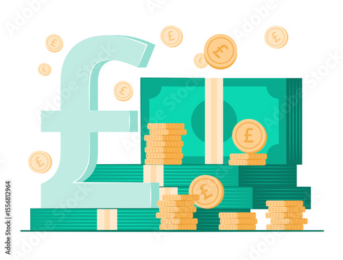 Stack of Cash Money and Coins with British Pound Sterling Currency Symbol for Financial, Savings and Investment Concept Illustration