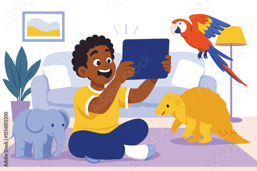 Excited Child Using Tablet to View Augmented Reality Animals in Living Room – Colorful Flat Vector Illustration