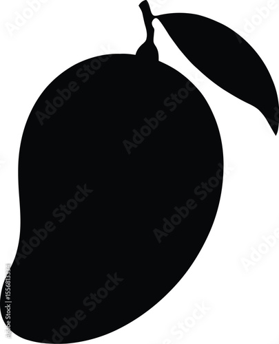 Black silhouette of a mango fruit with a leaf on a white background