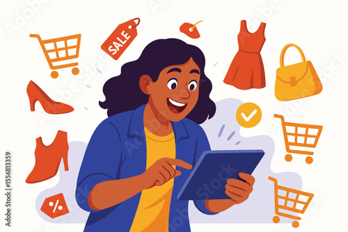 Excited Woman Online Shopping with Floating Fashion Icons – Modern Flat Vector Illustration